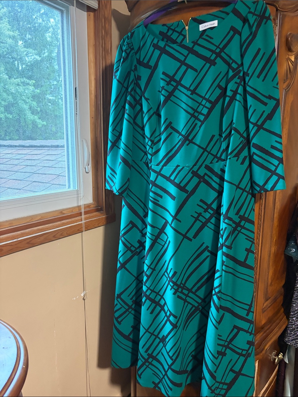 Calvin Klein Teal Midi Dress with Black Abstract Grid